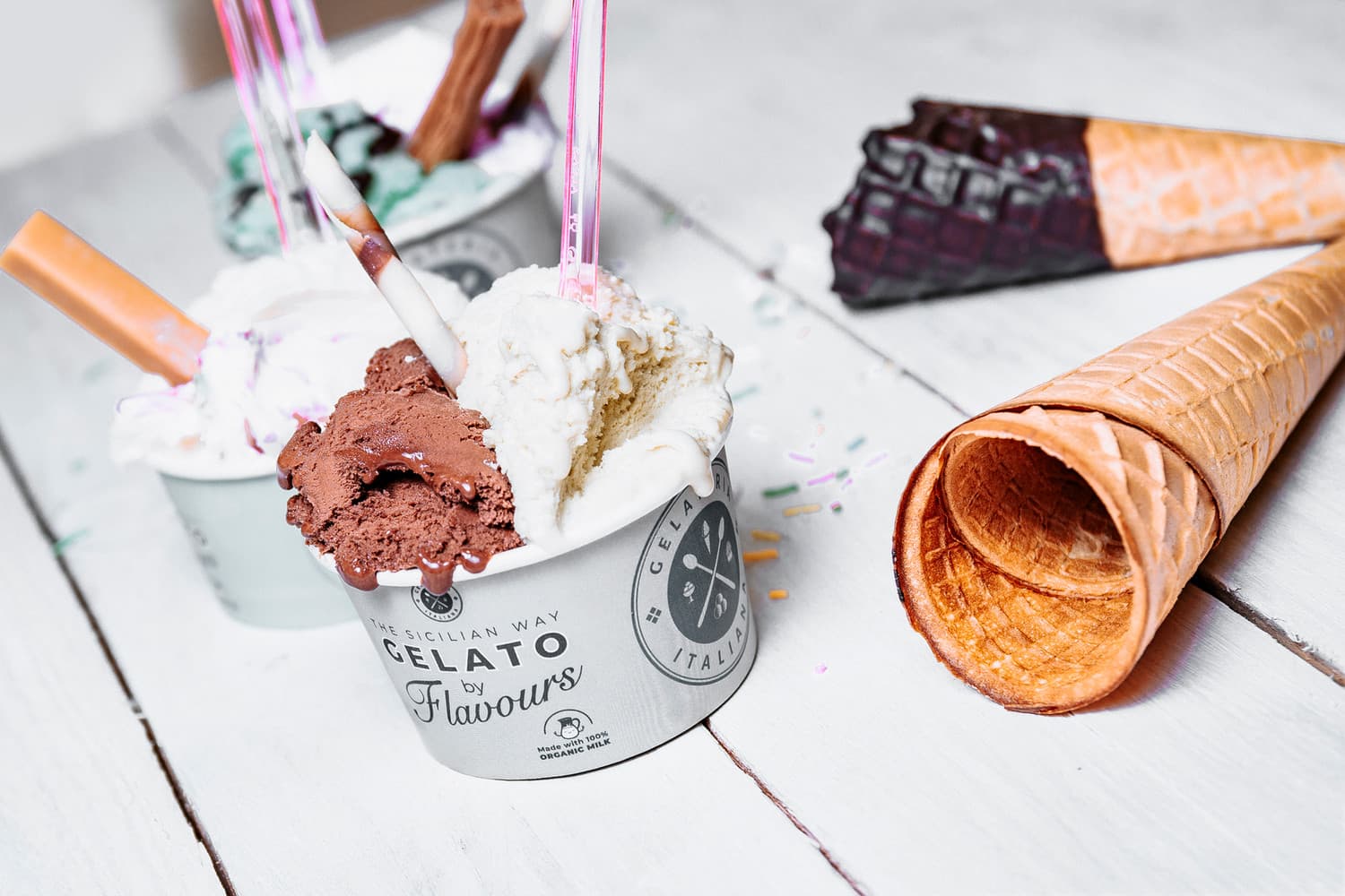 Gelato by Flavours — dark chocolate, vanilla and stracciatella with handmade waffle cones